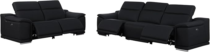 BlackJack Furniture Venice Top Grain Italian Leather Recliner 5 Seater 4 Power Reclining Seater 2 Piece Sofa Set with Adjustable Headrests Modern Seating Sofa and Loveseat for Living Room , Black