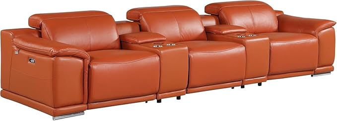 BlackJack Furniture Venice Top Grain Italian Leather Power Recline 5 Piece Sofa - 134" Theater Seating Modern Couch for Living Room Apartment Lounge Home with Adjustable Headrests & USB Port, Camel