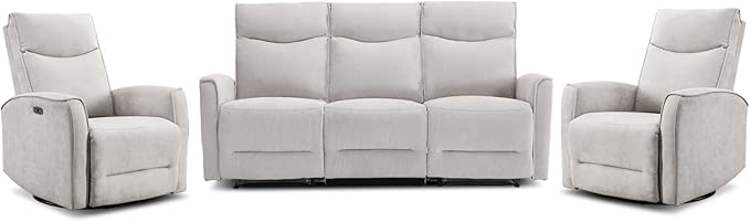 ANJ 3Pieces Recliner Sofa Furniture Set,Double 1 Seat Swivel Recliner Chair with USB Port, a 3 Seater Reclining Sofa for Living Room, Modern Durable Soft Fabric Home Furniture Set, Light Grey