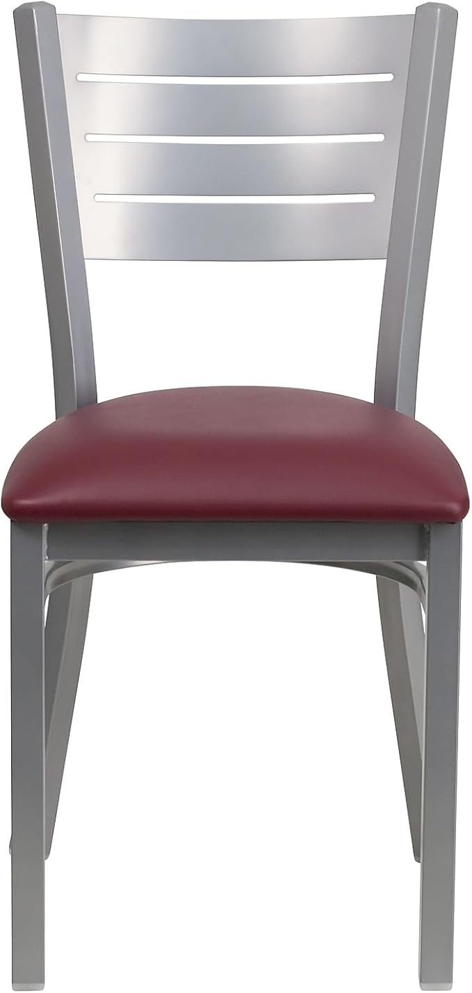 Flash Furniture HERCULES Series Silver Slat Back Metal Restaurant Chair - Burgundy Vinyl Seat