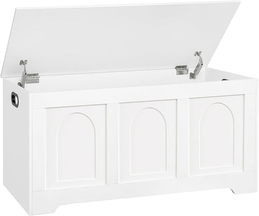 DINZI LVJ Storage Chest, 39.4” Wooden Toy Box with 2 Safety Hinges, Entryway Shoe Bench with Flip-Top, Sturdy Large Storage Trunk for Living Room, Bedroom, Playroom, Easy Assembly, White