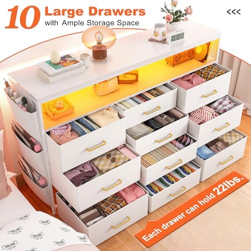 EnHomee 10-Drawer Dresser TV Stand for 55" TV with LED Lights, Power Outlets & Side Pockets (Whithe)