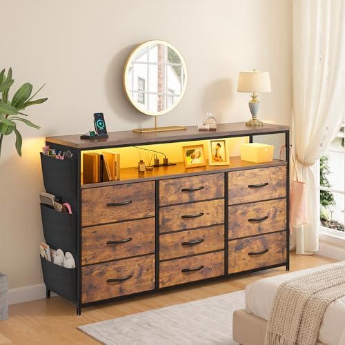 EnHomee 10-Drawer Dresser TV Stand for 55" TV with LED Lights, Power Outlets & Side Pockets (Rustic Brown)