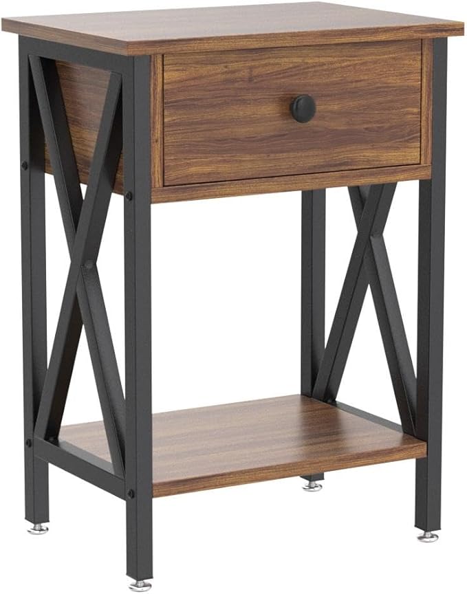 VECELO Modern Nightstands X-Design Side End Table Night Stand Storage Shelf with Bin Drawer for Living Room,Bedroom,Lounge,Set of 2, Rustic Brown A2