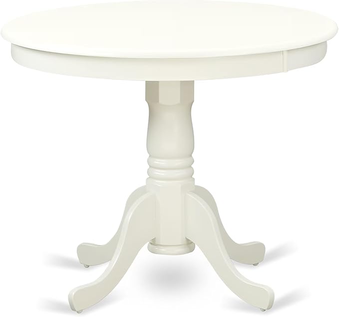 East West Furniture ANNO3-LWH-W 3 Piece Dining Room Furniture Set Contains a Round Dining Table with Pedestal and 2 Wood Seat Chairs, 36x36 Inch, Linen White