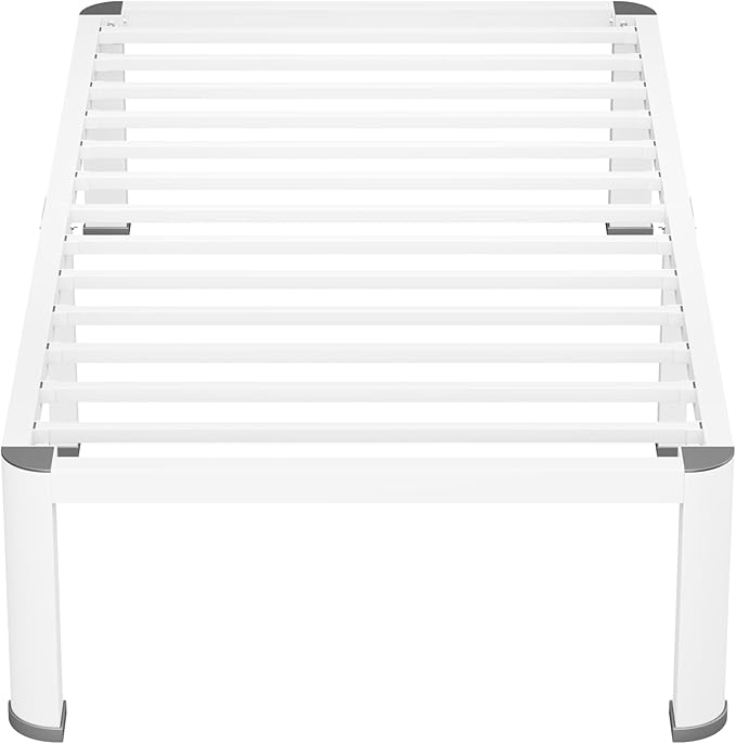 14 Inch White Twin Heavy Duty 3500 lbs Bed Frame with Round-Corner Legs & Anti-Squeak Design – Quick Assembly Metal Platform, No Box Spring Needed