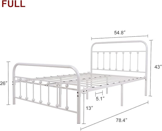 NEEBIRGELIA White Metal Bed Frame Full Size with Headboard and Footboard Single Platform Mattress Base,Metal Tube and Iron-Art Bed (Full, White)
