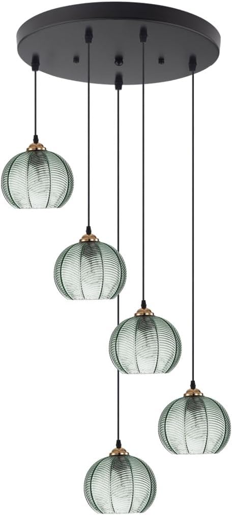 5-Light Long Staircase Chandelier Vintage Green Glass Chandeliers for High Ceilings Black Adjustable Pendant Light Fixture for Foyer Living Room Entryway, Mid Century Fixtures