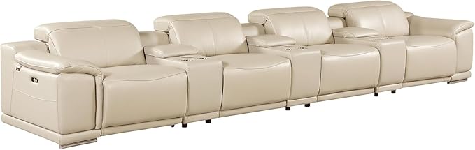 BlackJack Furniture Venice Top Grain Italian Leather Power Recline 7 Piece 4 Seater Sofa - 175" Theater Seating Modern Couch for Living Room Apartment with Adjustable Headrests & USB Port, Beige
