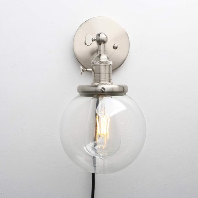 Permo 1-Light Plug in On/Off Switch Wall Sconce with Mini 5.9" Round Globe Clear Glass Shade Vintage Industrial Wall lamp Light Fixture (Brushed)