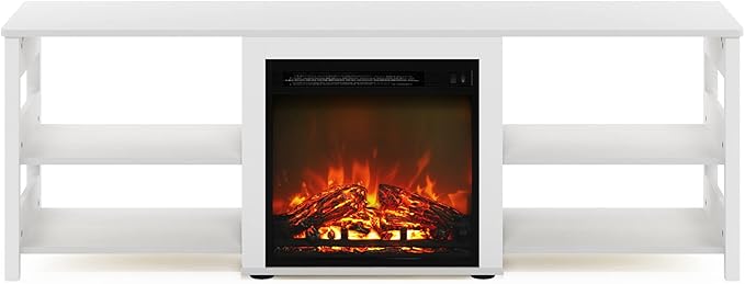 Furinno Classic 70 Inch TV Stand with Fireplace, White Emboss