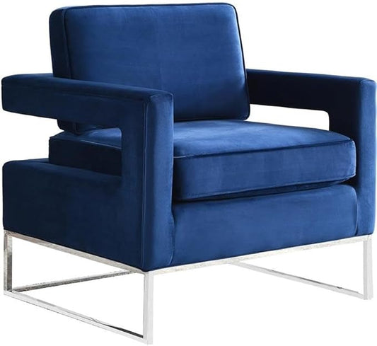 Meridian Furniture Noah Collection Modern | Contemporary Velvet Upholstered Accent Chair with Durable Stainless Steel Base, Navy, Chrome Base
