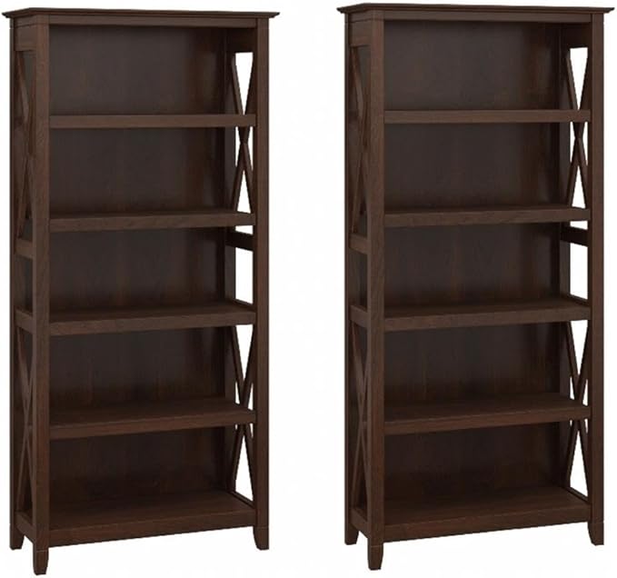 Bush Home Key West 5 Shelf Bookcase - Set of 2 | Tall Bookshelves in Bing Cherry | Sturdy Display Shelves for Library, Living Room, and Home Office