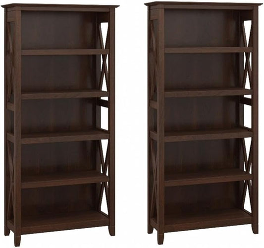 Bush Home Key West 5 Shelf Bookcase - Set of 2 | Tall Bookshelves in Bing Cherry | Sturdy Display Shelves for Library, Living Room, and Home Office