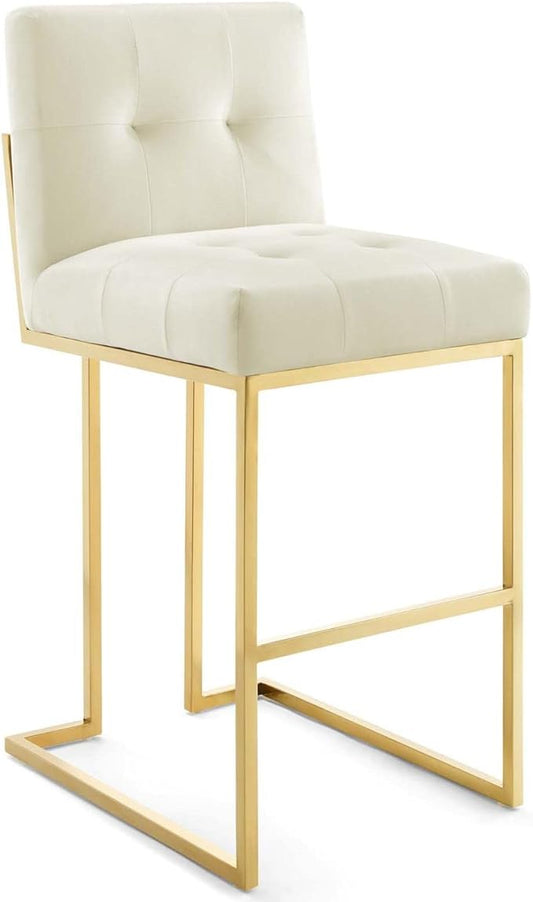 Modway Privy Gold Stainless Steel Performance Velvet Bar Stool, Ivory