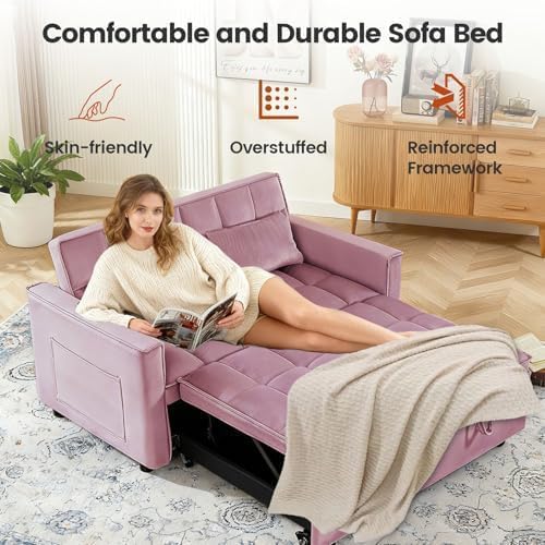 54" Convertible Pull Out Sofa Bed with Adjustable Backrest, Pink