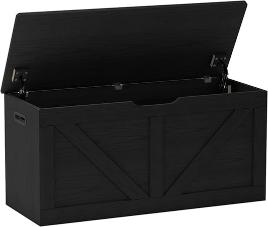 39.4" Storage Chest, Wooden Storage Bench, Large Storage Trunk with 2 Safety Hinges, Entryway Shoes Bench for Living Room, Bedroom, Black