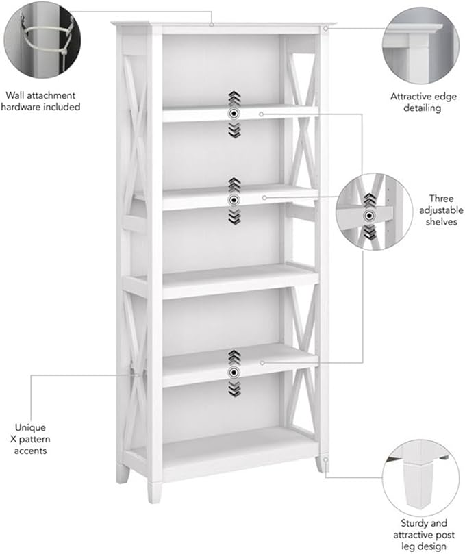 Bush Home Key West 5 Shelf Bookcase - Set of 2 | Tall Bookshelves in Pure White Oak | Sturdy Display Shelves for Library, Living Room, and Home Office