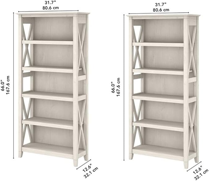 Bush Home Key West 5 Shelf Bookcase - Set of 2 | Tall Bookshelves in Linen White Oak | Sturdy Display Shelves for Library, Living Room, and Home Office