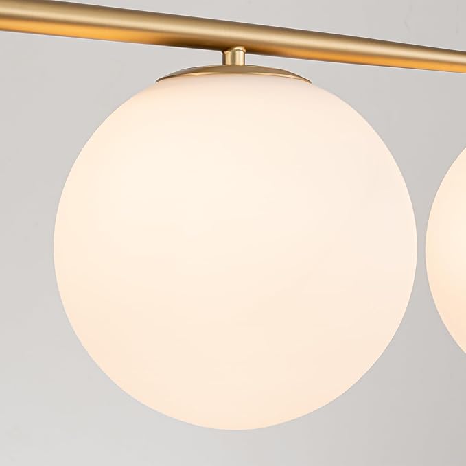 45.3" Modern Linear Chandelier 4-Lights Milk Glass Globe Linear Pendant Light Fixture Brushed Gold Mid Century Chandelier Kitchen Island Dining Room Light Fixture Over Table