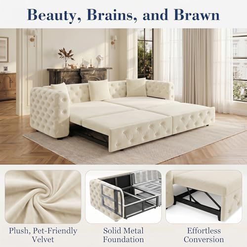 89" 4-Seater Queen Size Pull Out Sofa Bed with 3 Pillows, Beige