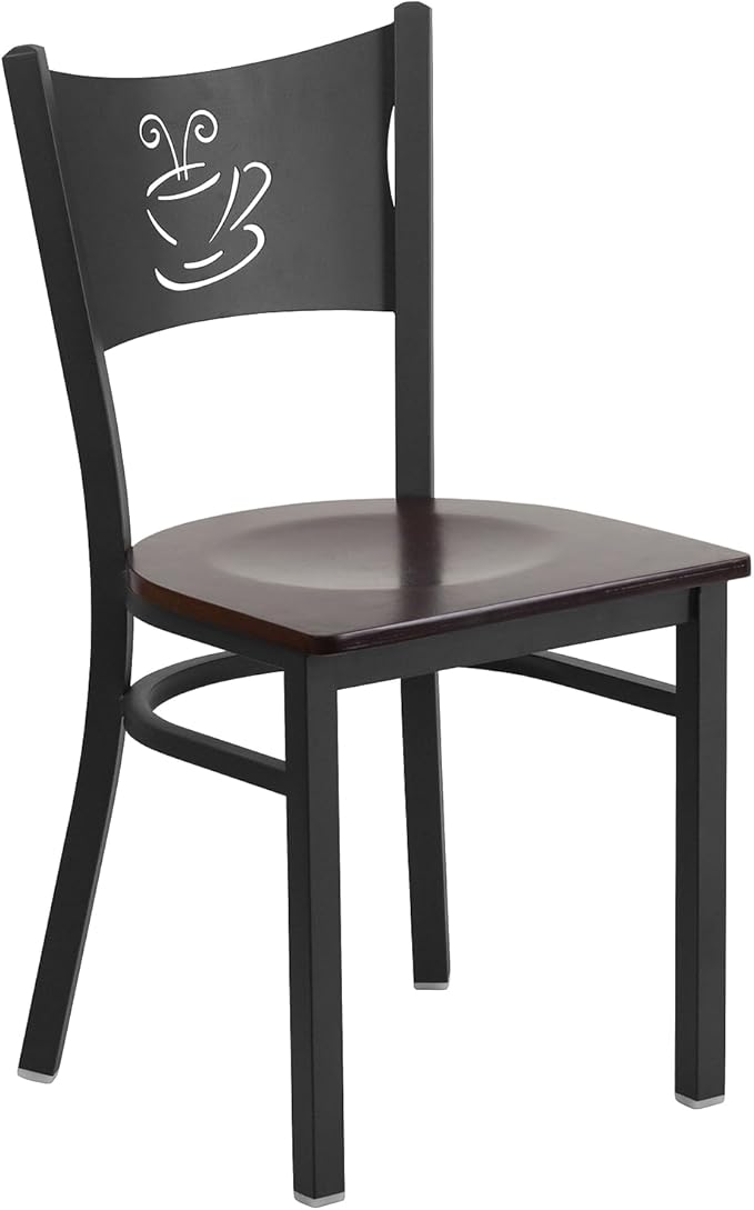 Flash Furniture HERCULES Series Black Coffee Back Metal Restaurant Chair - Walnut Wood Seat