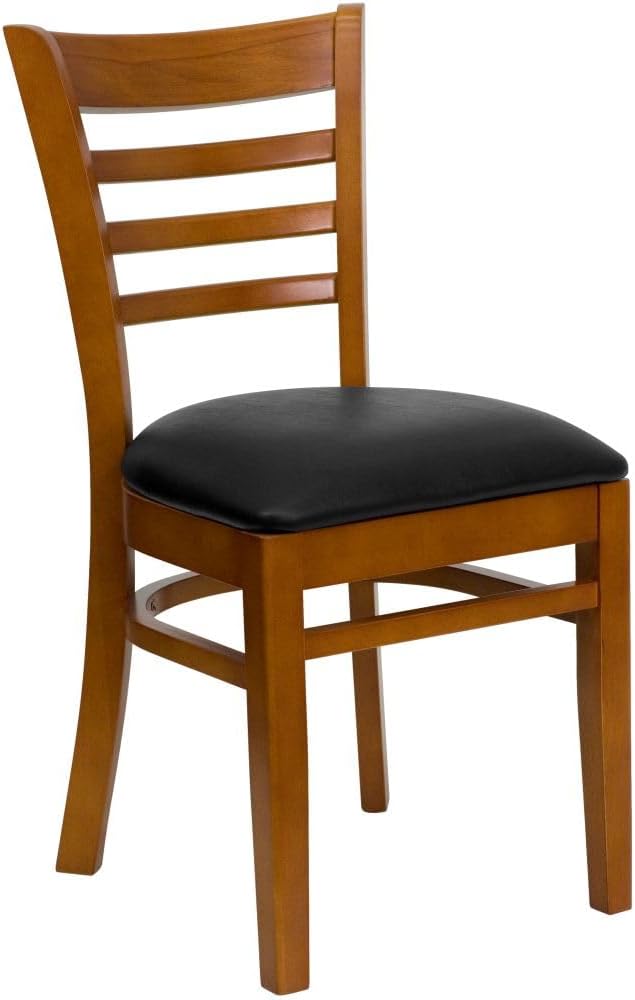 Flash Furniture 2 Pack HERCULES Series Ladder Back Cherry Wood Restaurant Chair - Black Vinyl Seat