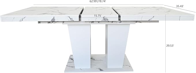 Ball & Cast Expandable Dining Table for 6-10,63-78.74" Kitchen Table W/Heavy Duty Pedestal Base,Rectangular Extendable Dining Room Table for Small Space,White Marble