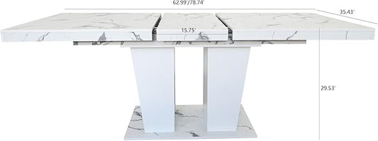 KEIKI Extendable Dining Room Table for 6-10 Person, Modern Large Rectangular Kitchen Tables w/Dual Column Pedestal Base for Kitchen Living Room, White Marble