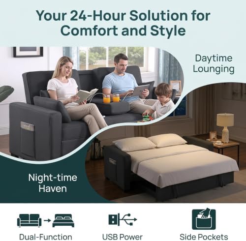 70" Queen Pull Out Sleeper Sofa with USB Port & Cup Holder, Gray