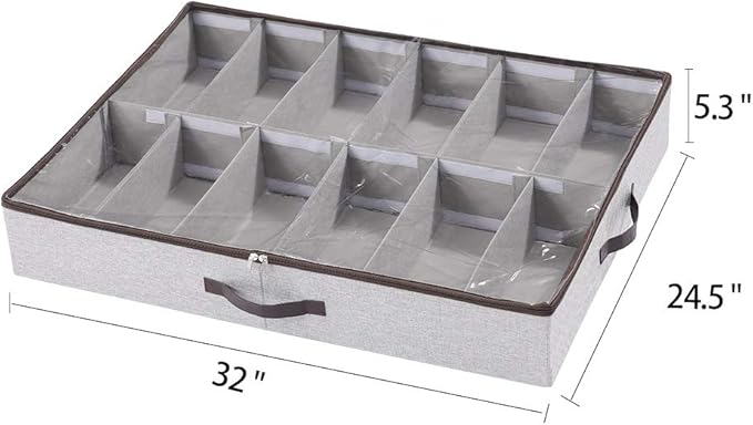 HOONEX Under Bed Shoe Storage Organizer with Adjustable Dividers, Shoe Holder with Leather Handles, 2 Pack, Store 24 Pairs, Grey