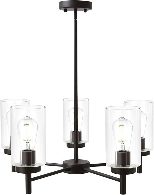 VINLUZ Contemporary 5-Light Large Chandeliers Oil Rubbed Bronze Modern Lighting Fixtures Hanging Clear Glass Shades Pendant Lighting for Dining Room Living Room Kitchen
