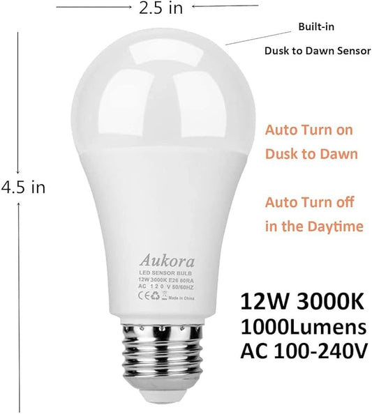 Dusk to Dawn Light Bulb, Aukora Smart Sensor LED Light Bulb, 12W (100-Watt Equivalent), 3000Kelvin, E26 Base Automatic On/Off Led Bulb Outdoor/Indoor for Porch Garage Patio Garden(Warm White, 3 Pack)