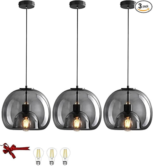 3-Pack Large Smoke Glass Pendant Lights for Kitchen Island, Includes Extra Bulbs & 4.26FT Adjustable Cord, Modern Pendant Lighting Fixtures for Kitchen, Dining Room, Living Room