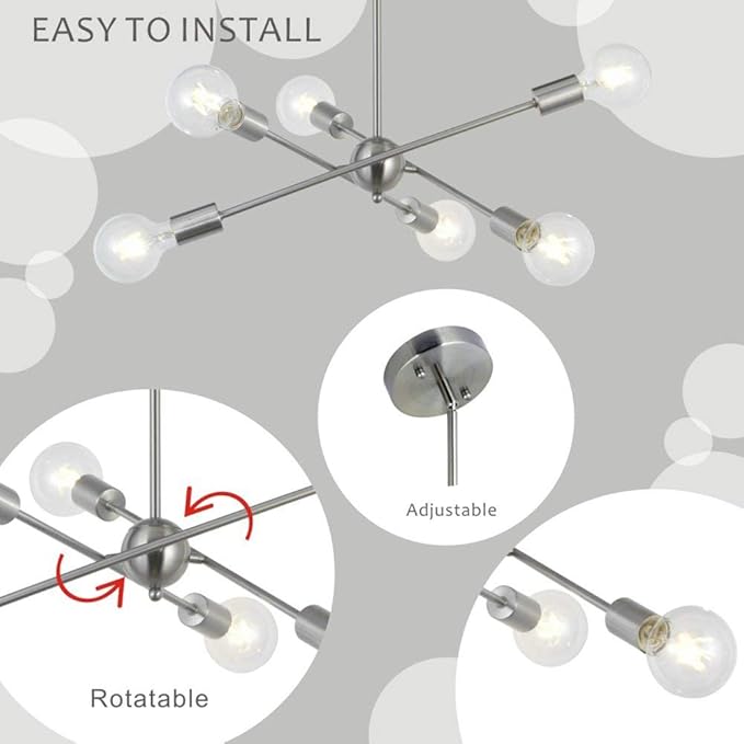 BONLICHT Sputnik Chandelier 6 Lights Modern Pendant Lighting Brushed Nickel Mid Century Flush Mount Ceiling Light Fixture by UL Listed