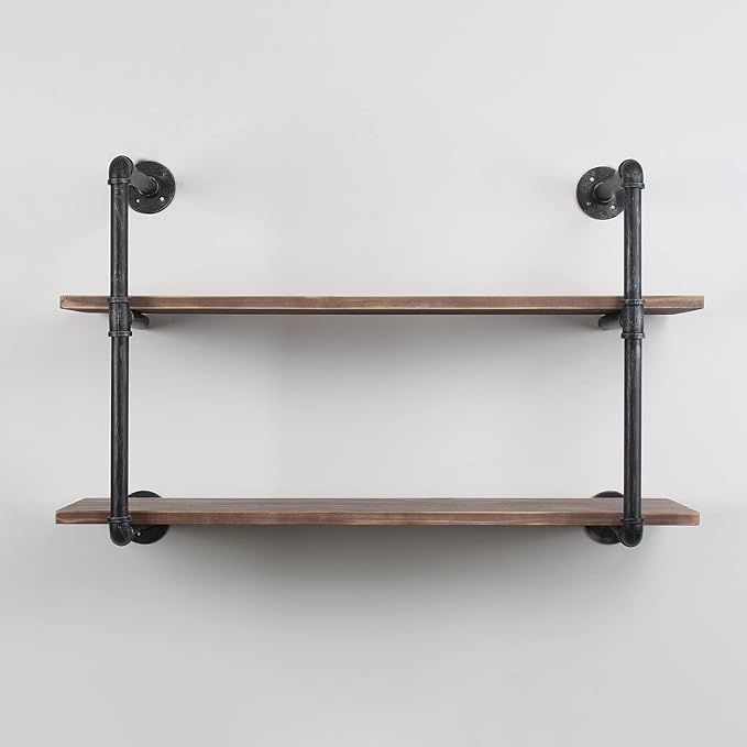 MBQQ Industrial Pipe Shelving Wall Mounted,36in Rustic Metal Floating Shelves,Steampunk Real Wood Book Shelves,Wall Shelf Unit Bookshelf Hanging Wall Shelves,Farmhouse Kitchen Bar Shelving(2 Tier)