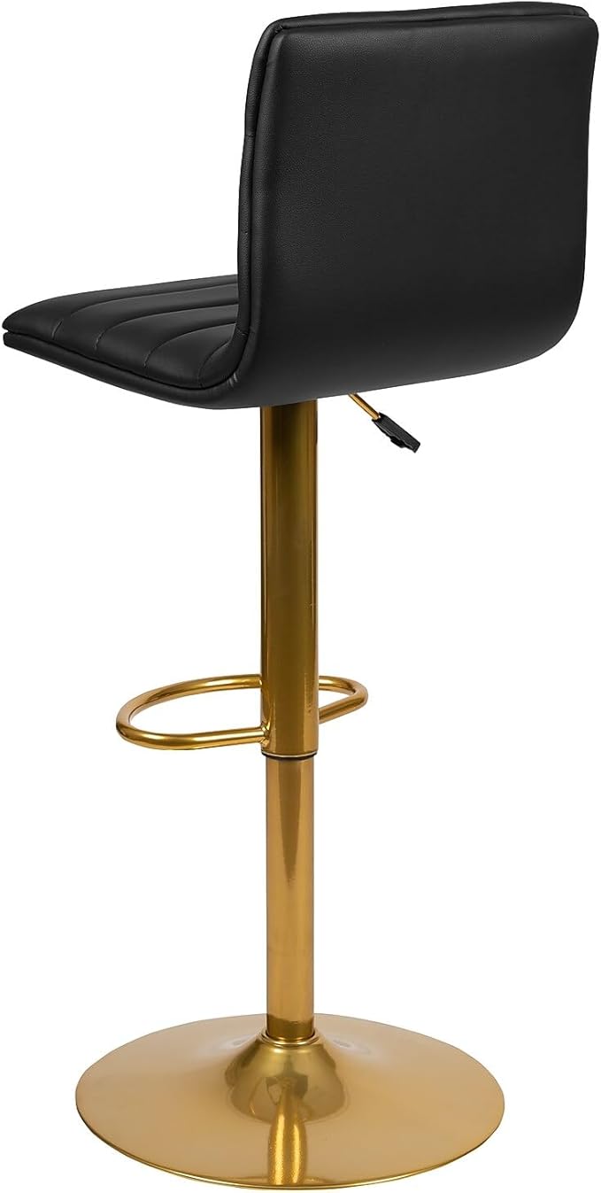 Flash Furniture Vincent Modern Black Vinyl Adjustable Bar Stool with Back, Counter Height Swivel Stool with Gold-Pedestal Base, Set of 2