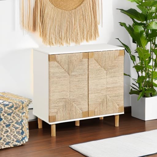 Nathan James Beacon Accent Natural Sideboard Storage Cabinet with Adjustable Interior Shelf and Seagrass Doors, for Hallway, Entryway or Dining Room, Light Brown/White