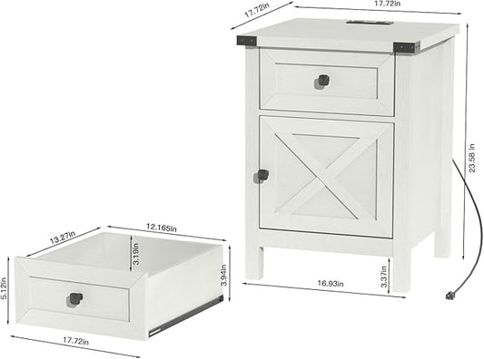 Farmhouse Nightstand with Charging Station, White Side Table, Rustic End Table with Barn Door and Drawer, Rustic Floating Nightstands Modern Bed Side Table Night Stand for Bedroom and Living Room