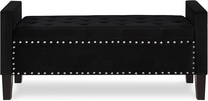 Velvet Storage Ottoman with Armrests, Upholstered Button Tufted Entryway Bench with Nails Trim for Bedroom End of Bed, Living Room,Black
