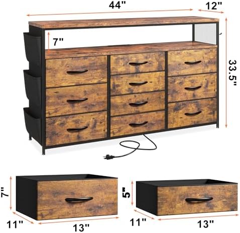 EnHomee 10-Drawer Dresser TV Stand for 55" TV with LED Lights, Power Outlets & Side Pockets (Rustic Brown)