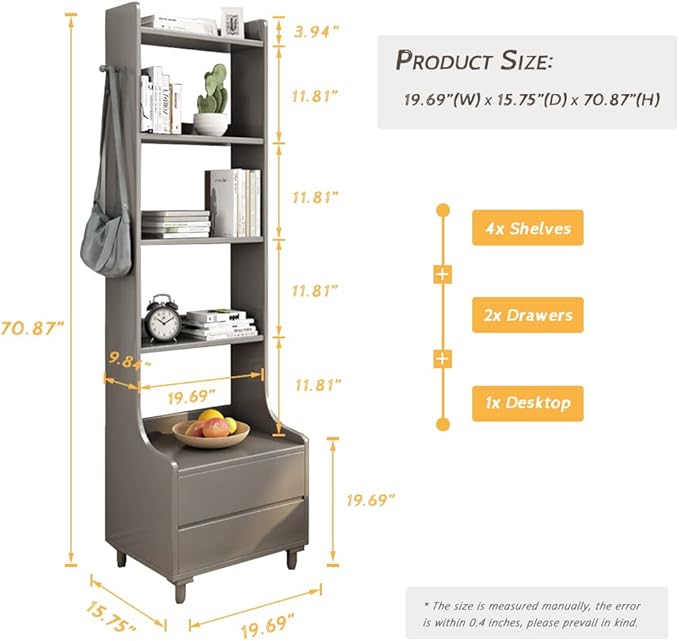 IOTXY Grey Bedside Table Bookshelf - 71" Tall Free Standing Wooden Open Shelf Bookcase with Drawers and 4-Shelves for Bedroom, Bed Side End Table, Nightstand