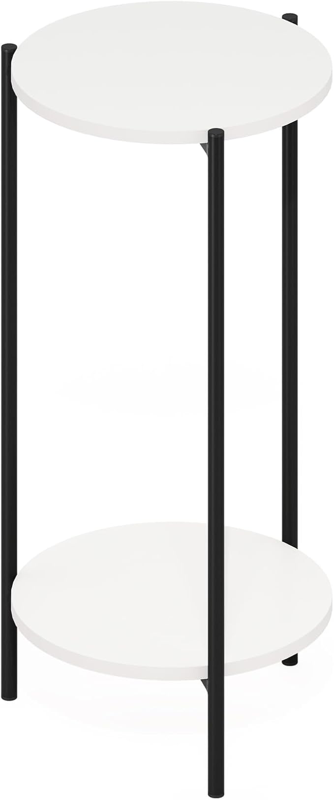 Furinno BESI Side Table, 2-Tier Tall Round End Table with Metal Legs, Metal Frame Night Stand, Bedside Table with Open Shelf, for Living Room, Bedroom, White