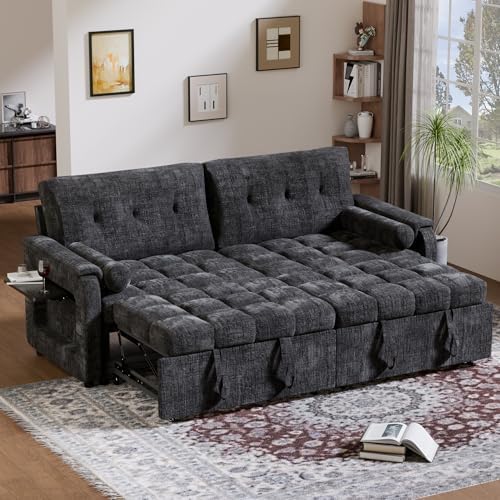 Convertible Sleeper Sofa Bed, 86 Inch Chenille Pull Out Couch with Side Table & Adjustable Backrest, Sectional Sleeper Sofa with Pull Out Bed for Living Room, Apartment, Black