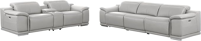 Blackjack Furniture Venice Top Grain Italian Leather Power Recline 6 Piece 5 Seater Sofa - 107" Theater Seating Modern Couch for Living Room Lounge with Adjustable Headrests & USB Port, Light Grey