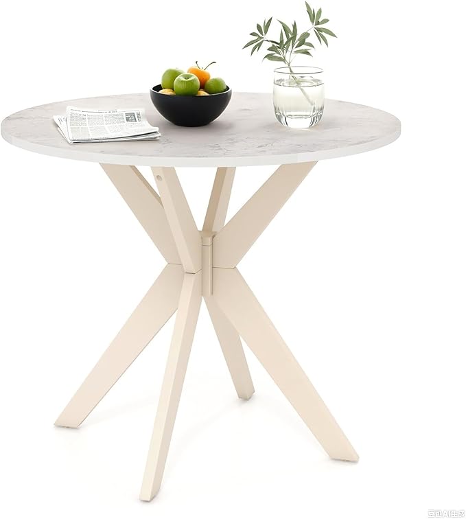 COSTWAY 36" Round Dining Table, Solid Wood Kitchen Table with Intersecting Pedestal Base and Adjustable Foot Pads for Home, Office, Small Space, Cafe, Bar (White)