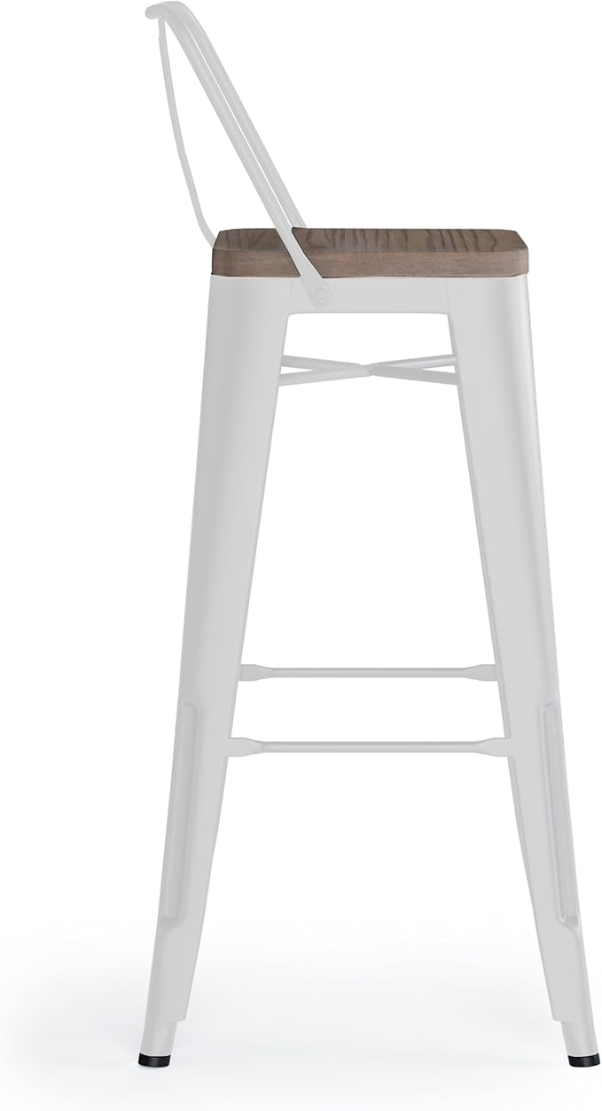 SIMPLIHOME Rayne Industrial Metal 30 inch Metal / Wood Bar Stool (Set of 2) in White for the Dining Room and Kitchen