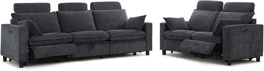 GUEAPY Power Reclining Sofa Set with USB & Type-C Ports, 2 Piece Chenille Upholstered Recliner Couch Set for Living Room, Adjustable Backrest & Footrest, Removable Headrests, Wall Hugger Design