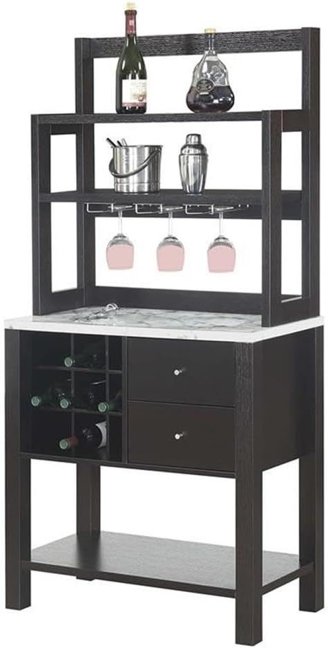 Convenience Concepts Newport Serving Bar Cart 31" - Modern Storage Bar Cabinet with Drawers, Wine Rack for Kitchen, Dining Room, Black Faux Marble/Espresso