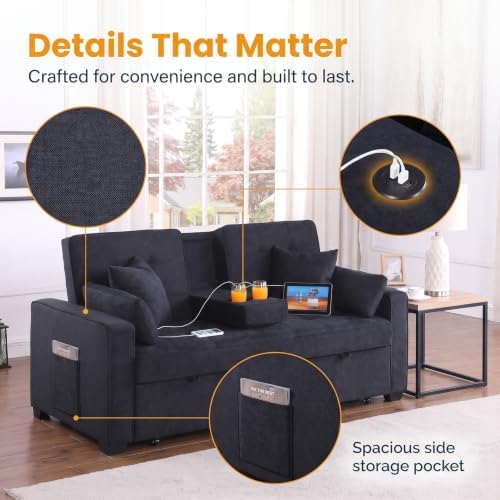 70" Queen Pull Out Sleeper Sofa with USB Port & Cup Holder, Gray